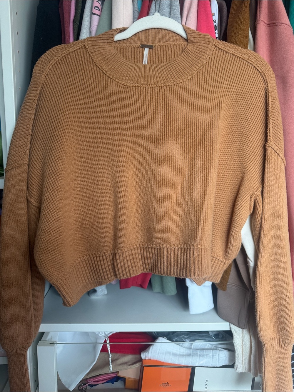 Free People Cropped Crewneck Sweater in Camel Brown